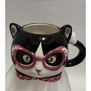3D‎ Black Tuxedo Cat Ceramic Mug Pink Glasses Bow Tie     Cute Novelty